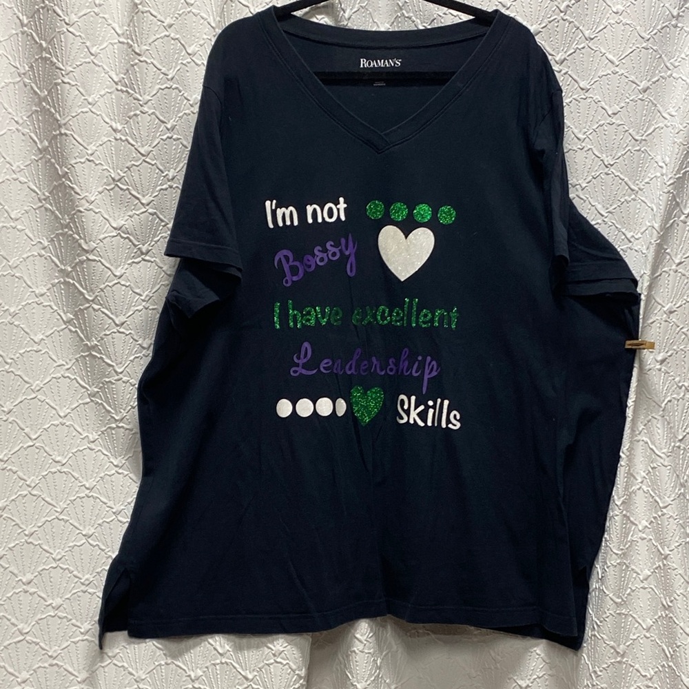 Roaman's size 4X Tee - Black with‎ Green and Purple Accents glitter bling bossy